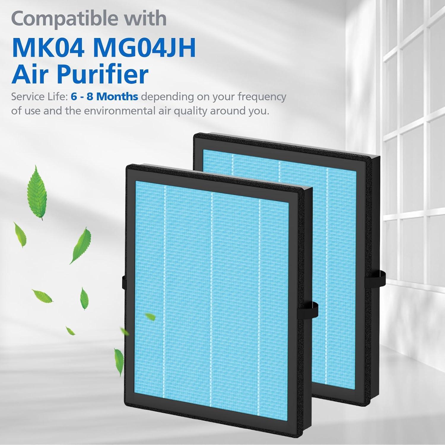 MK04 Replacement Filter, 2 Pack Compatible with MK04 MG04JH Air Purifier, Air Filter H13 True HEPA Filter for Dust, Pet Dander, Smoke for Bedroom, Home, Office (Green)