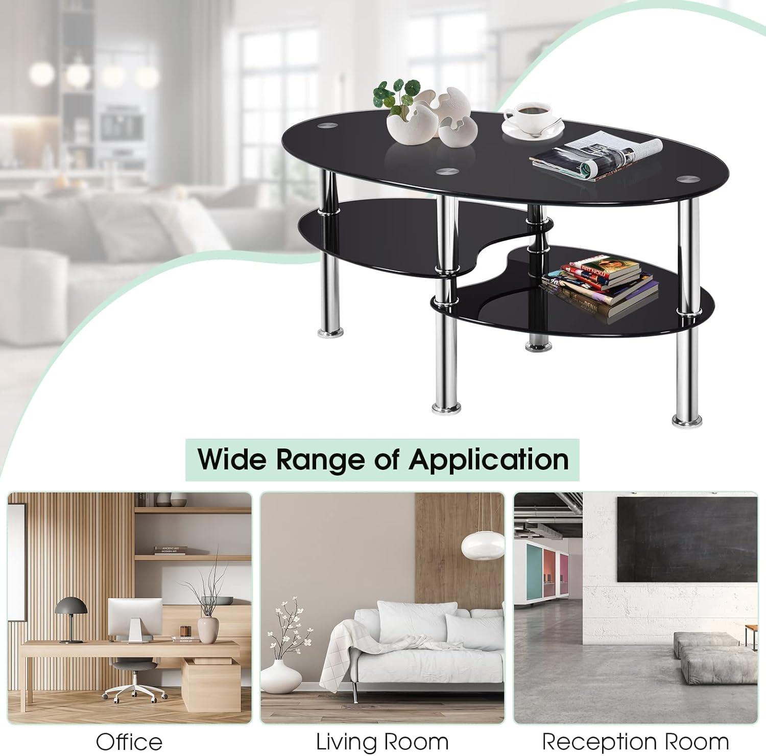 Costway Tempered Glass Oval Side Coffee Table Shelf Chrome Base Living Room Black