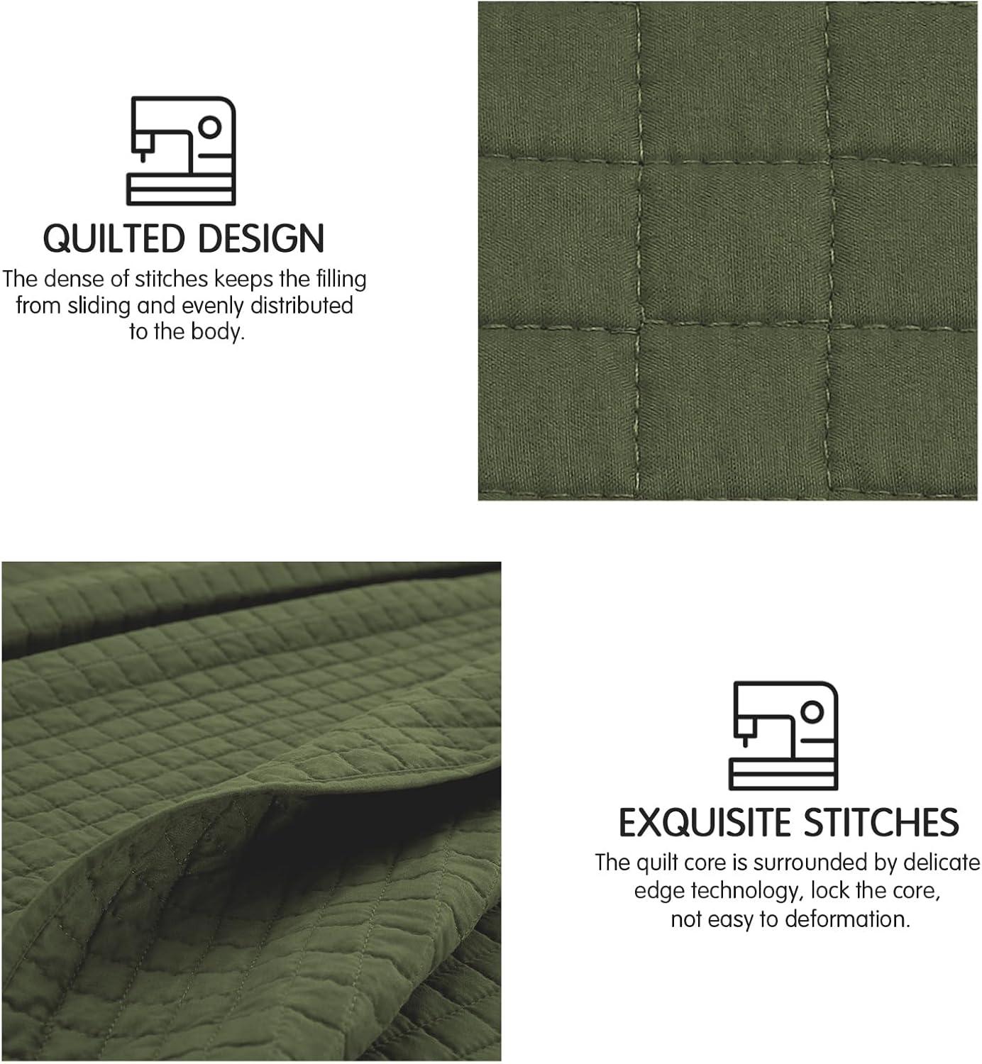 SunStyle Home Olive Green Quilt, Queen Size Quilt Set Lightweight Blanket Bedspread Full Soft Reversible Coverlet All Season 3pcs Army Green Square Quilted Bedding Sets with 2 Pillow Shams(90"x96")