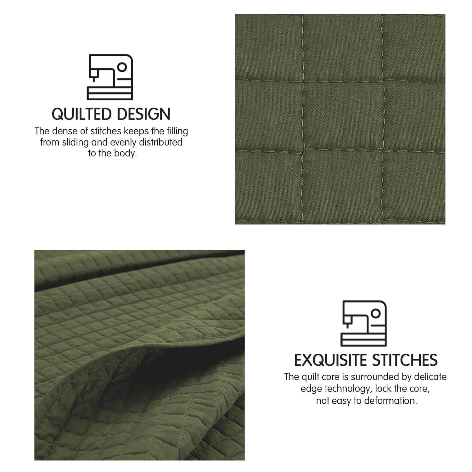SunStyle Home Olive Green Quilt, Queen Size Quilt Set Lightweight Blanket Bedspread Full Soft Reversible Coverlet All Season 3pcs Army Green Square Quilted Bedding Sets with 2 Pillow Shams(90"x96")