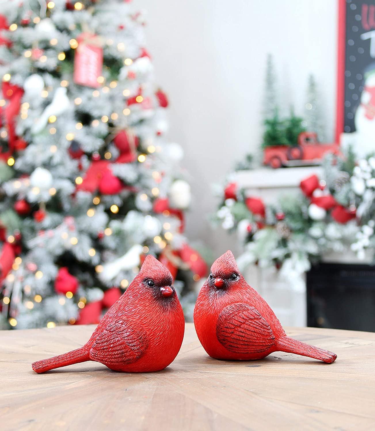 Darware Cardinal Figurines, 2pc Set; Resin Red Bird Statue Figures for Christmas and Seasonal Decor; Large 5.5 x 4 Inch Figures