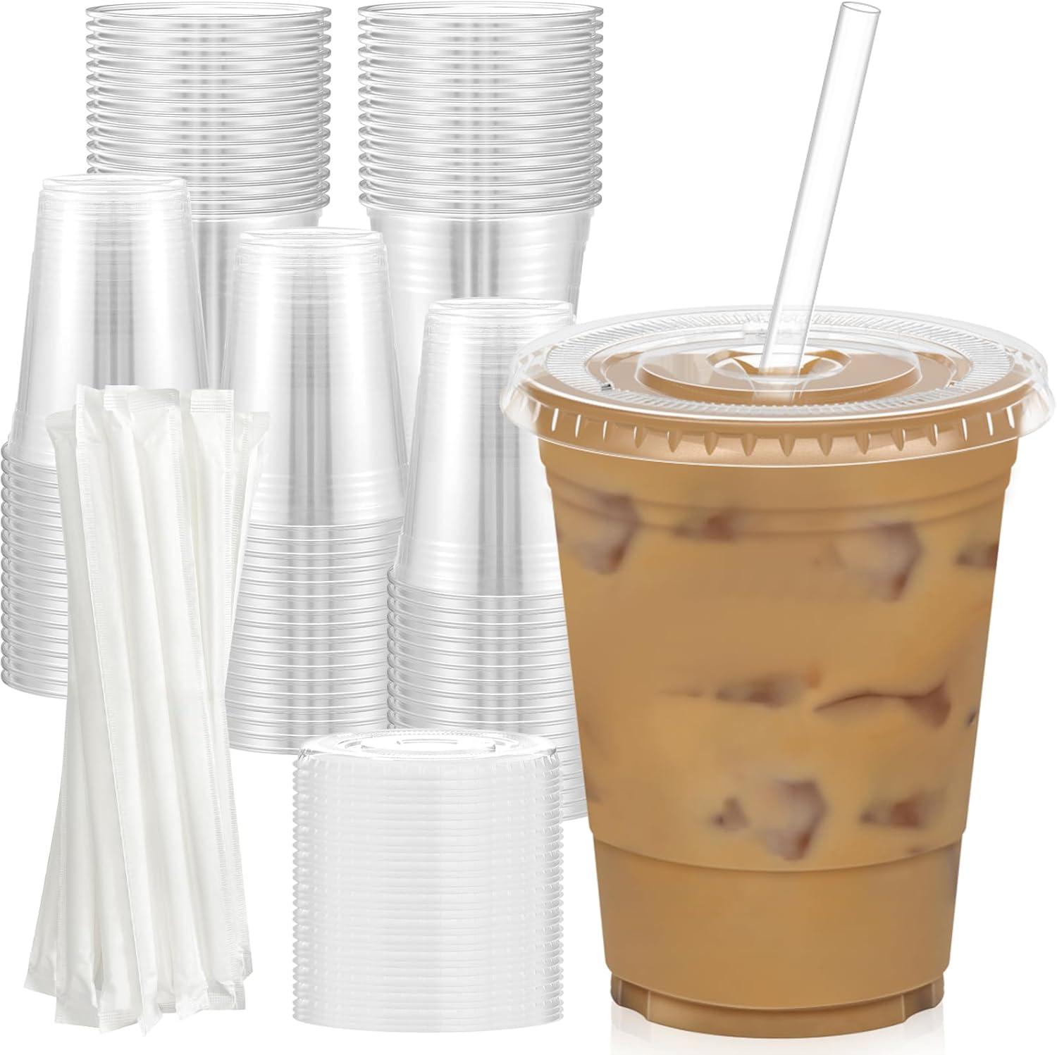 100 Pack - 16 oz Clear Plastic Cups with Lids, Sturdy & Food Safe Iced Coffee Cups with lids, Iced Coffee Cup, Disposable Cups Plastic Coffee Cups Smoothie Cups for Cold Drinks, Sip Lids