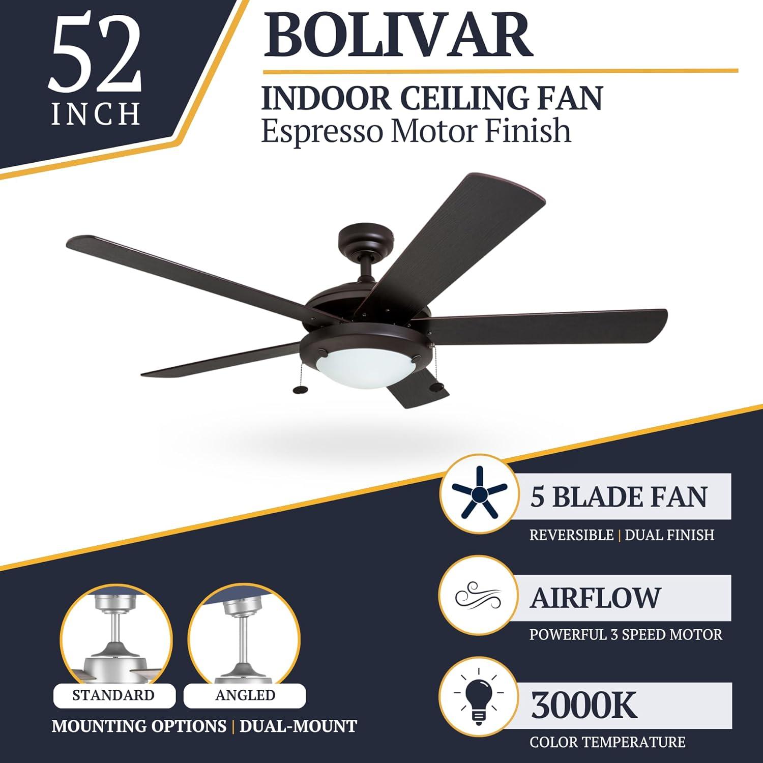 Prominence Home Bolivar 52" Bronze Ceiling Fan with 5 Blades, Integrated LED Light Kit, Pull Chains & Reverse Airflow