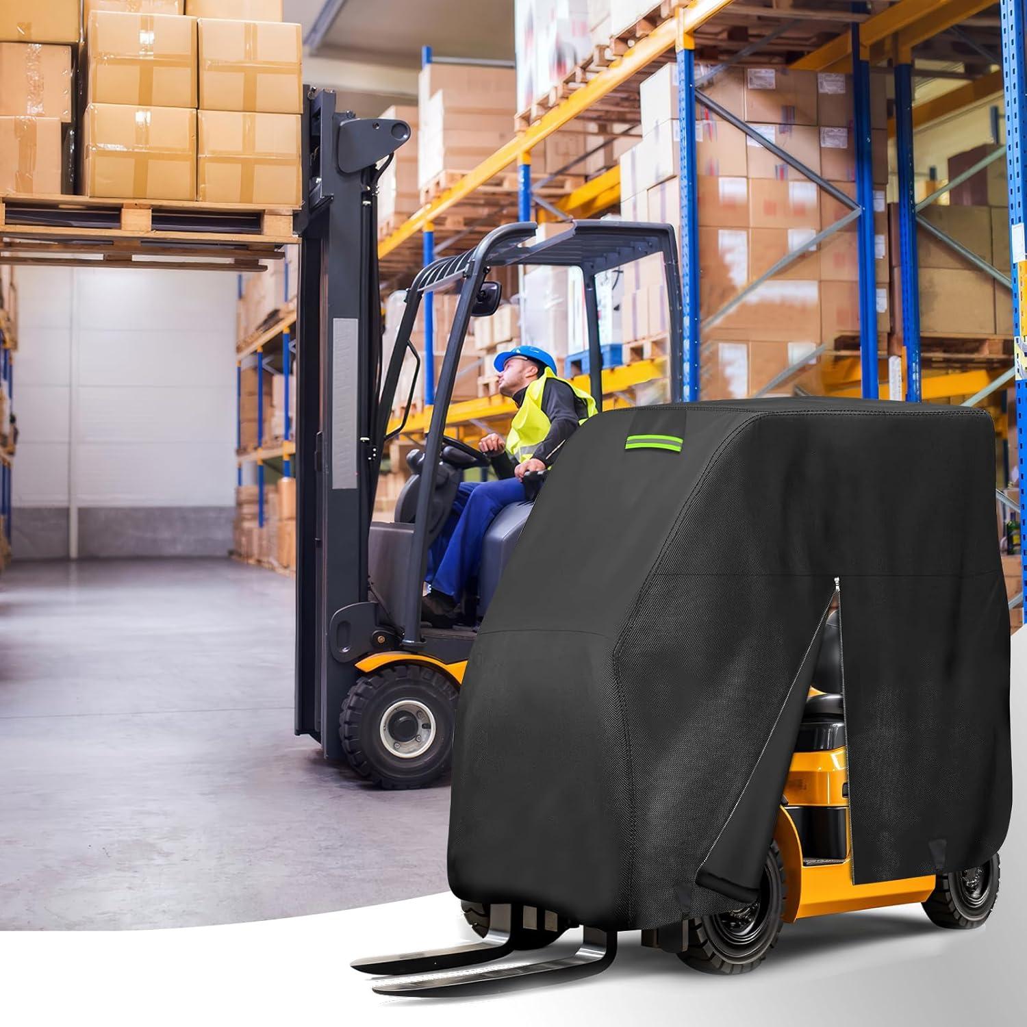 Forklift Protection Cover All Weather, Forklift Cover Waterproof 600D Fits All Forklifts Up to 8000Lb, Sun Rain Snow UV Forklift Cover with Zipper Door Reflective Strips Windproof Buckle Organizer Bag