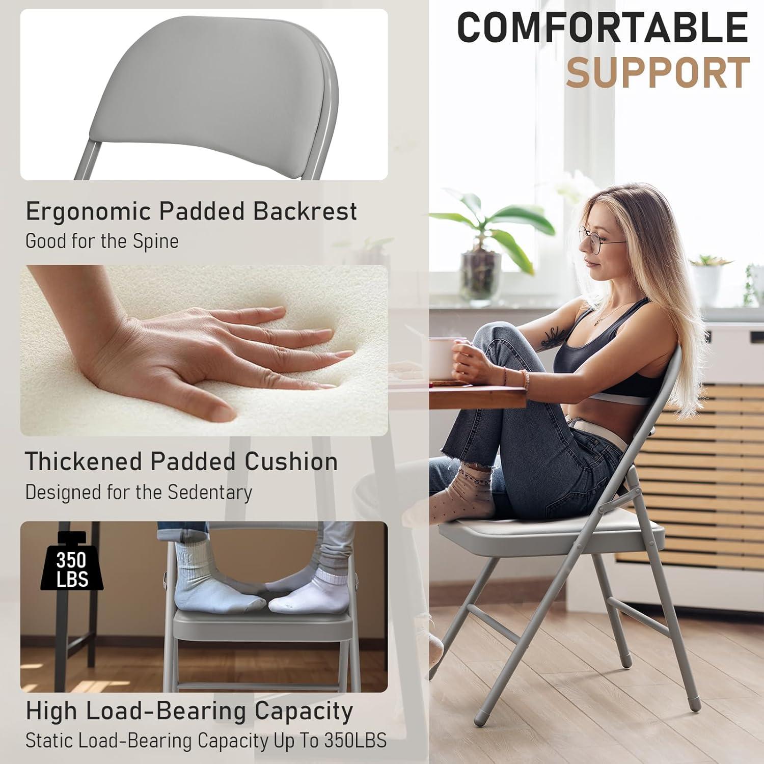 6 Pack Gray Folding Chairs with Padded Cushion and Back for Outside Portable Stackable Commercial Foldable Chairs with Steel Frame for Events Office Wedding Party, 330lbs Capacity