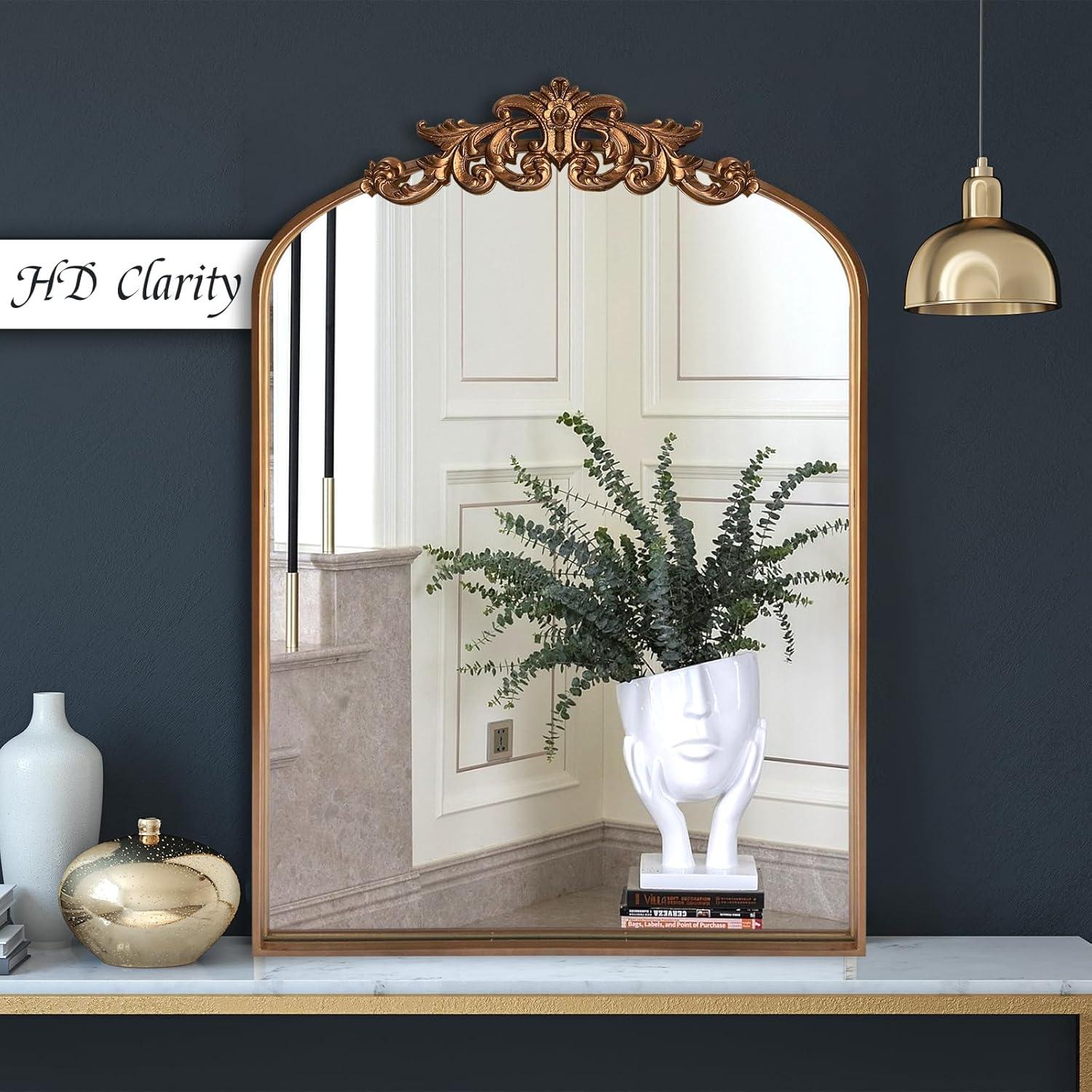 BohoBliss 24"X36" Gold Vintage Mirror for Wall, Antique Arch Mirror, Victorian Ornate Baroque Mirror for Wall, Mantel, Fireplace, Living Room, Hallway, Bathroom, Bedroom, Entryway