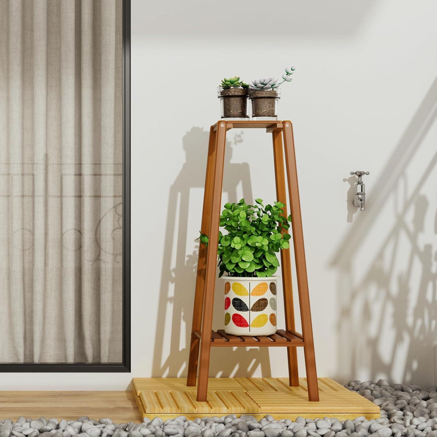 Magshion 2-Tier Tall Bamboo Plant Stand for Indoor and Outdoor