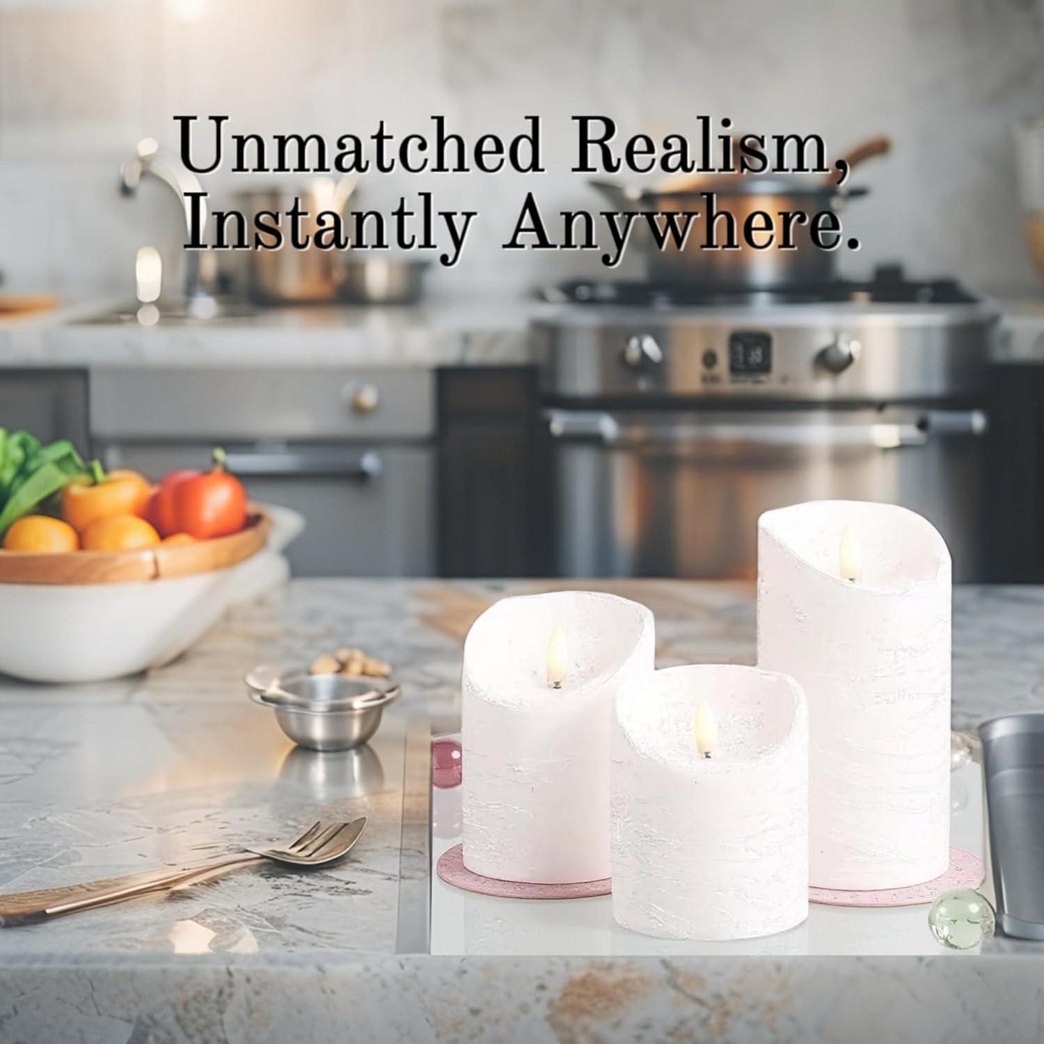 VENTA Set of 3 Ivory & White Pillar Candles | Real Wax Battery Operated Flickering LED Candles with Remote | Timeless Decor for Farmhouse, Modern & Mantel Displays