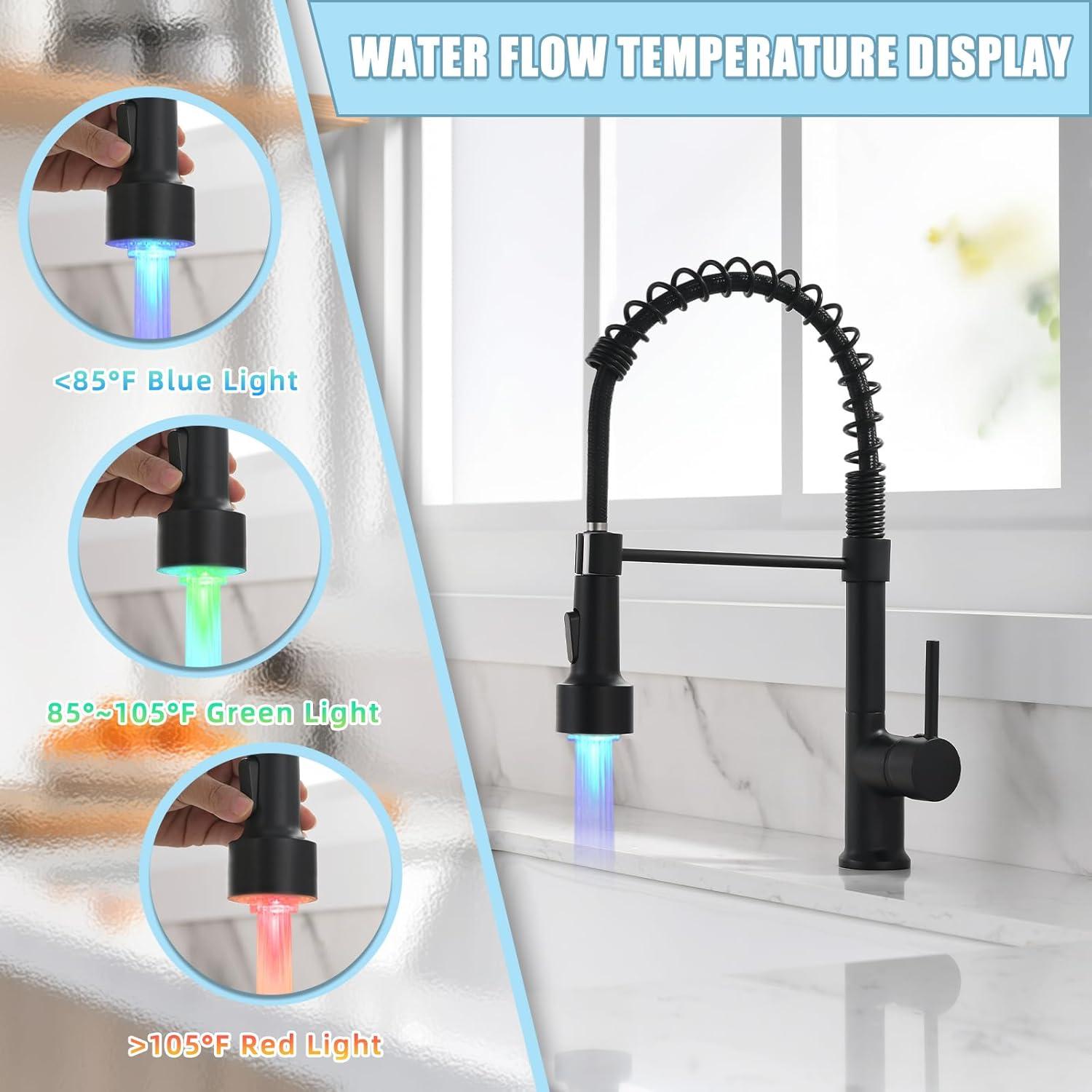 Matte Black LED Kitchen Faucet with Pull Down Sprayer and Soap Dispenser