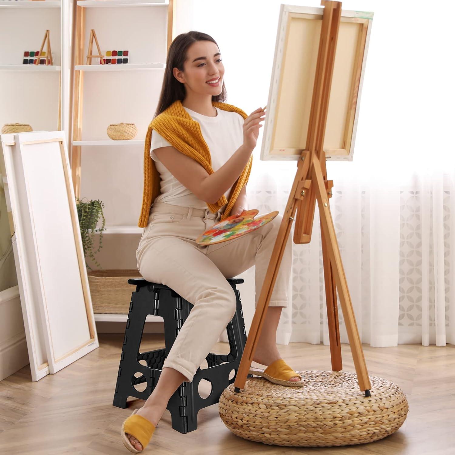 Dyforce 16 Inch Folding Step Stool 400lbs Capacity Sturdy Plastic Foldable Step Stools for Adults Stepping Stool with Handle Easy to Carry Handle Folding Stool Ideal for Kitchen (Black 1PC)