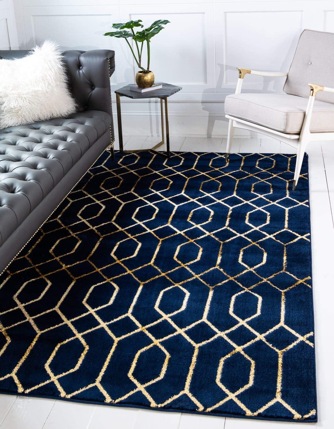 Navy Blue and Gold Trellis Rectangular Synthetic Area Rug