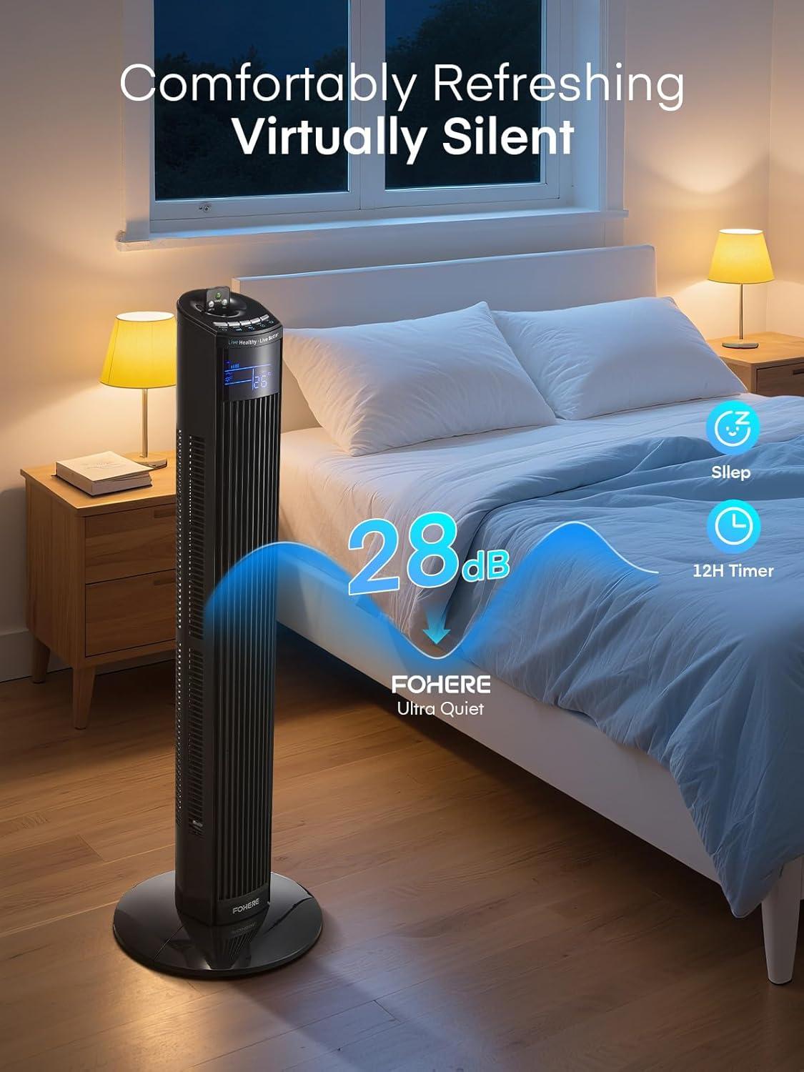 FOHERE Tower Fan, 36" Oscillating Tower Cooling Fan with Remote Control, 12-Hour Timer and Sleep Mode, Portable Stand up Floor Bladeless Fan (Black)
