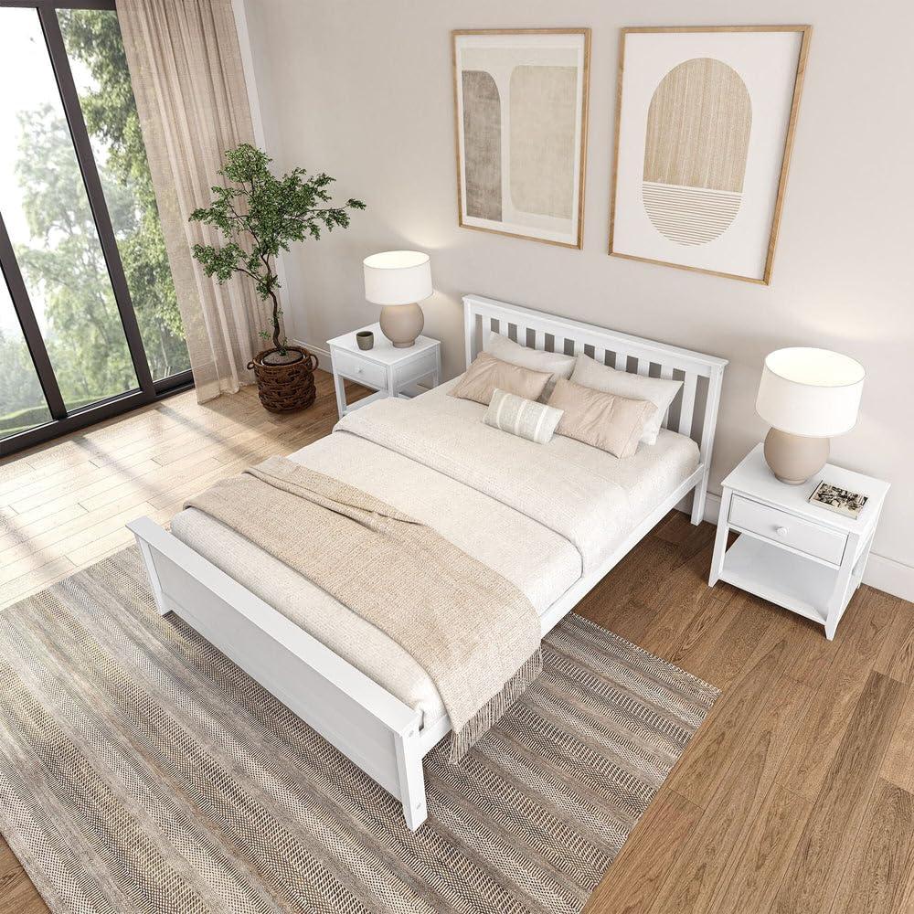Plank+Beam Queen Bed Frame with Slatted Headboard Solid Wood Platform Bed, No box Spring Needed, White