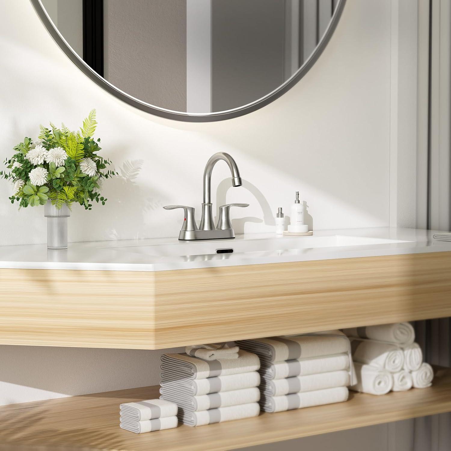 Phiestina 4 Inch 2 or 3 Hole Brushed Nickel Bathroom Sink Faucet RV Swivel 2 Handle Centerset Bath Vanity Faucet, with Water Supply line & Metal Pop-up Drain,TY36-BN