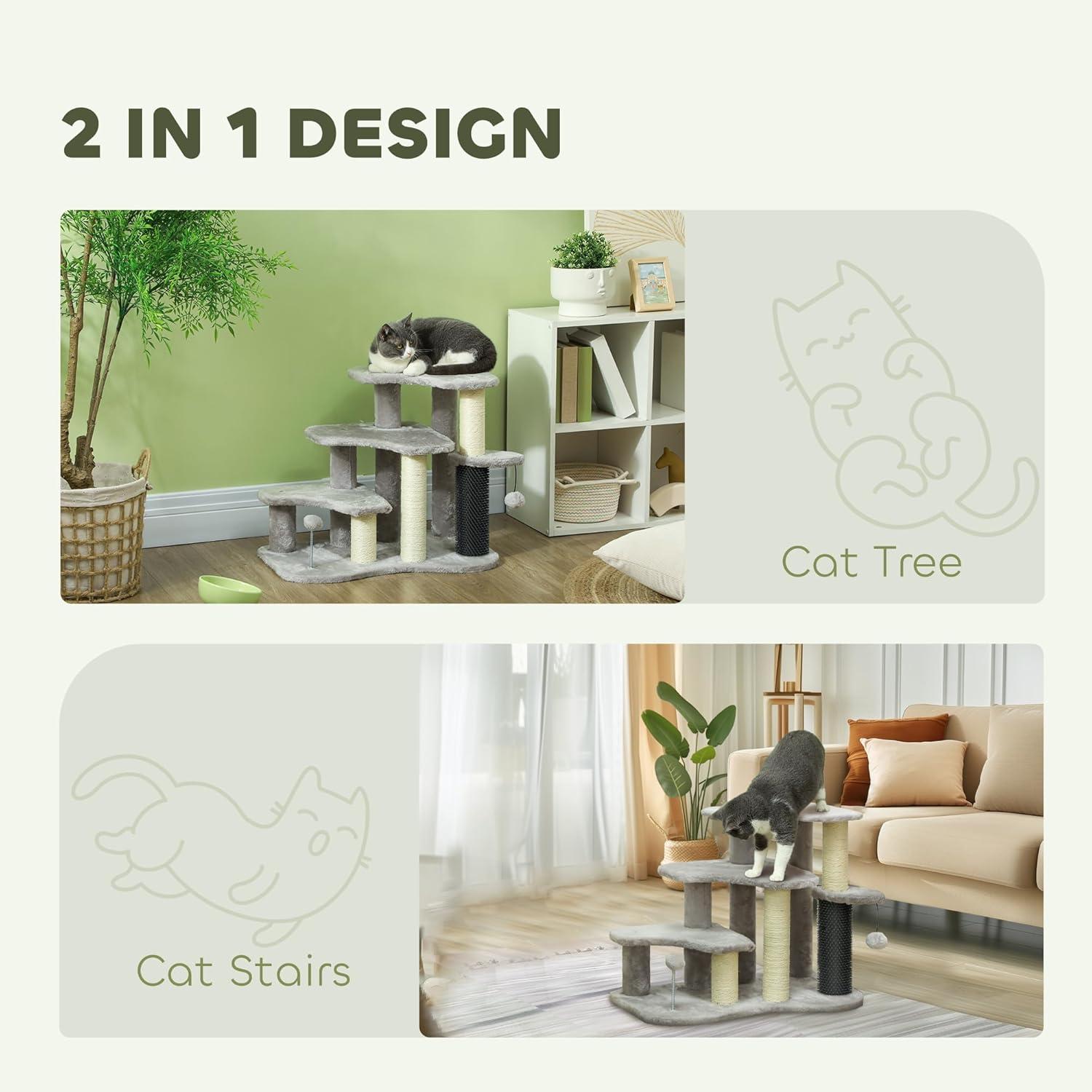 PawHut 20" Cat Tree, 2 in 1 Cat Tower 3-Step Pet Stairs with Scratching Posts, Tickling Post, Toy Balls, for High Beds, Couch, Sofa, Light Gray