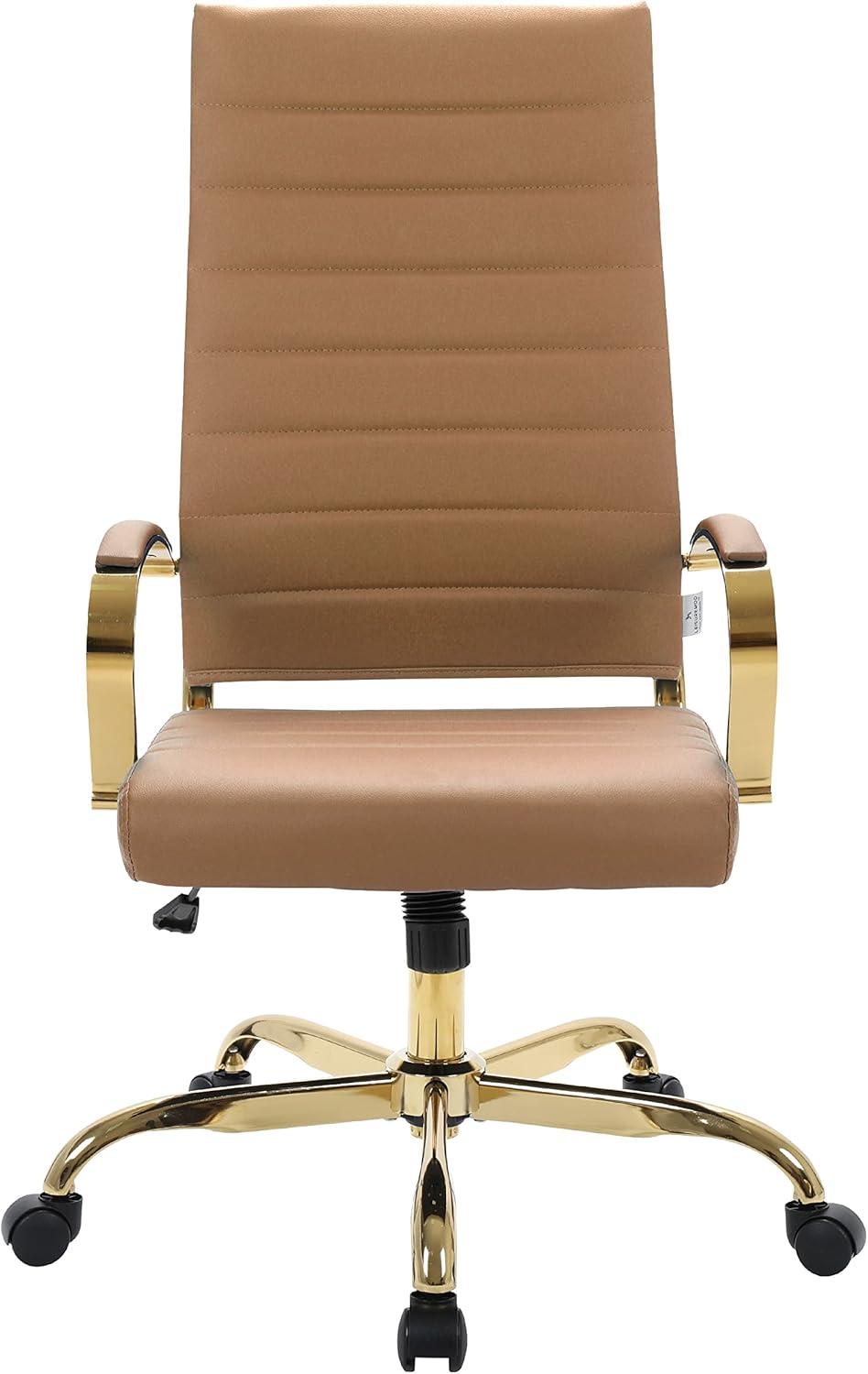 LeisureMod Benmar High-Back Leather Office Chair With Gold Frame in Light Brown