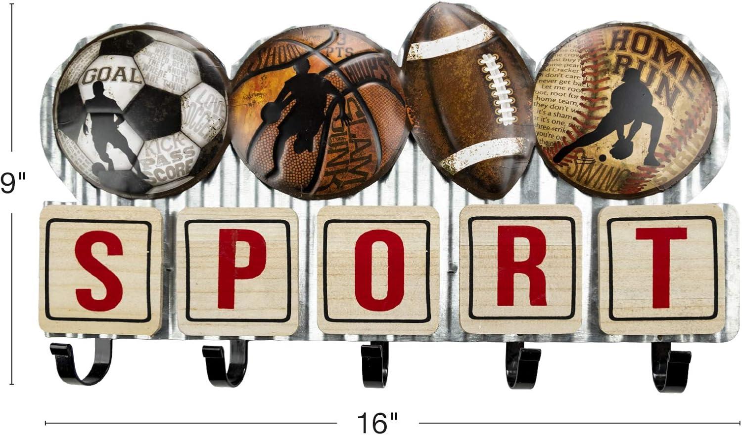 Excello Global Products Metal Sports Coat Rack with 5 Hooks: Vintage Sports Decorative Wall Mounted Design for Towels, Bags, Hats, Keys, Coats and Jackets - EGP-HD-0113