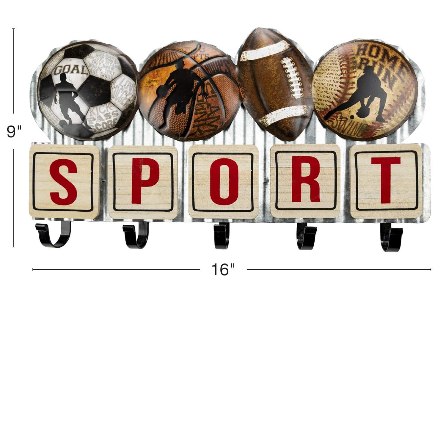 Excello Global Products Metal Sports Coat Rack with 5 Hooks: Vintage Sports Decorative Wall Mounted Design for Towels, Bags, Hats, Keys, Coats and Jackets - EGP-HD-0113