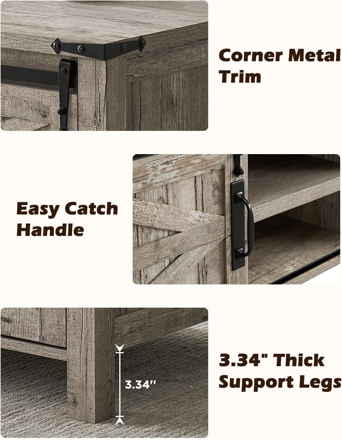 OKD Farmhouse Sturdy Coffee Table with Sliding Barn Doors and Storage Shelves for Living Room, Den, Family Room, or Office, Light Rustic Oak Finish
