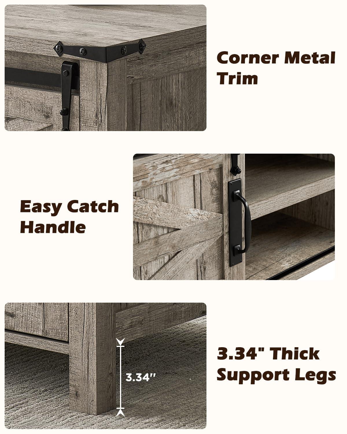 OKD Farmhouse Sturdy Coffee Table with Sliding Barn Doors and Storage Shelves for Living Room, Den, Family Room, or Office, Light Rustic Oak Finish