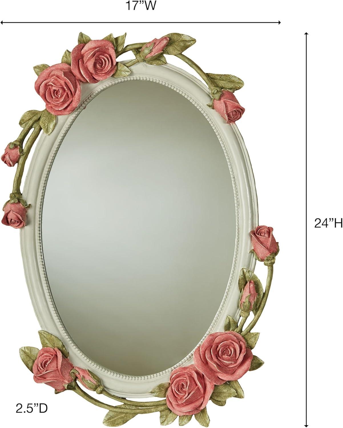 Antique White Oval Resin Wall Mirror with Pink Roses