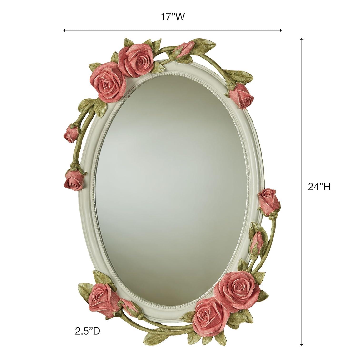 Antique White Oval Resin Wall Mirror with Pink Roses