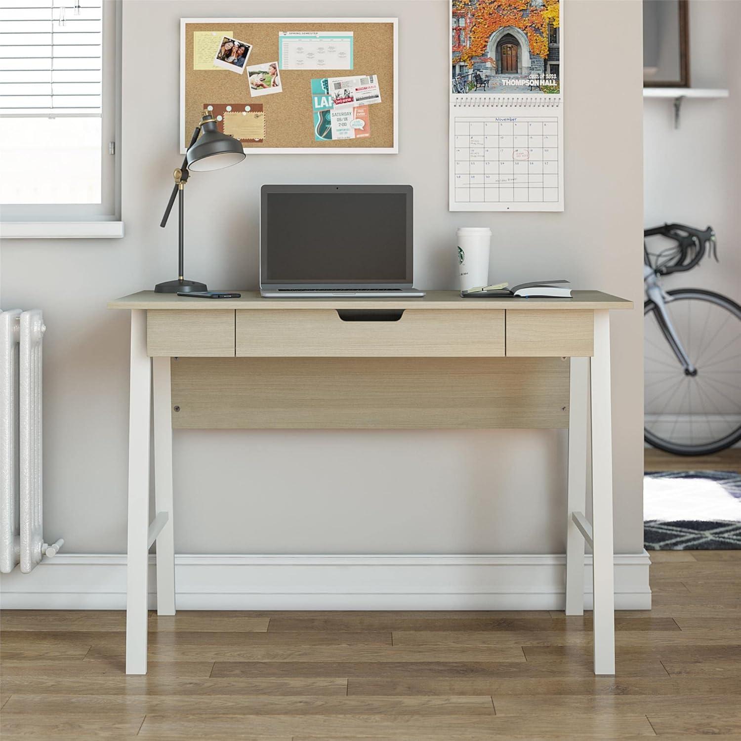 Pale Oak and White Writing Desk with Drawer