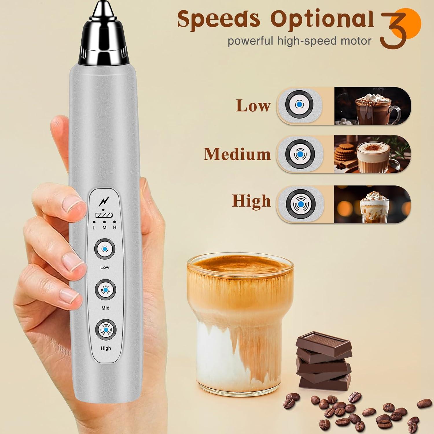 Silver Rechargeable Handheld Milk Frother with 3 Whisks