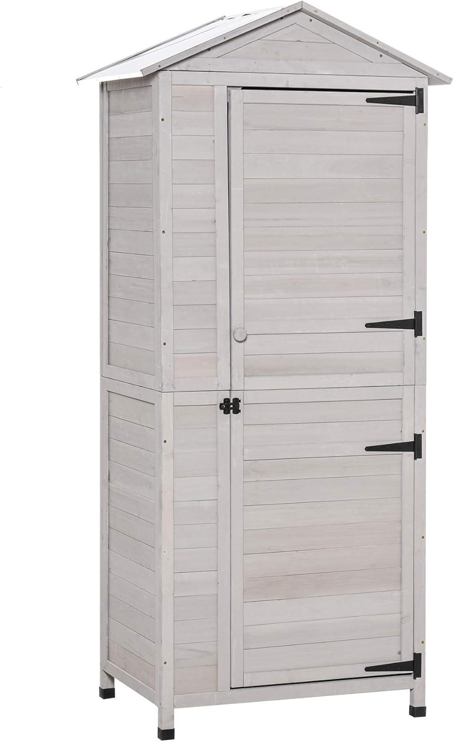 Outsunny 35.5" x 24.75" x 78.75" Wooden Storage Shed Cabinet, Outdoor Tool Shed Organizer with 3 Shelves Handle Magnetic Latch Foot Pad, Light Gray