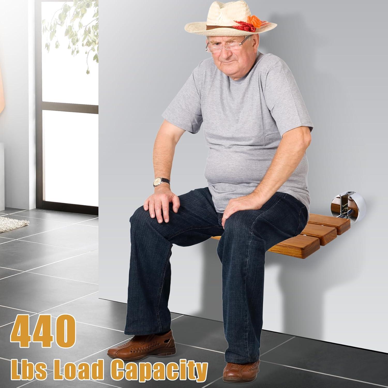 20 inchs Teak Folding Shower Seat Wall Mounted,Fold Down Shower Bench for Shower Space, Home Care Teak Wood Stool for Inside Shower,Pregnants-Maximum Load 440lb (Glossy & Yellow)