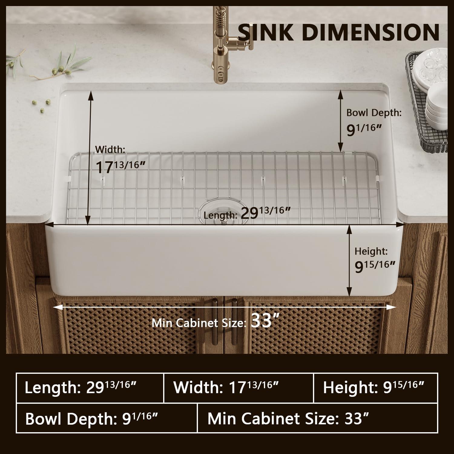 Grove 30" L X 18" W Rectangular White Single Basin Fireclay Farmhouse / Apron Kitchen Sink with Grid and Strainer