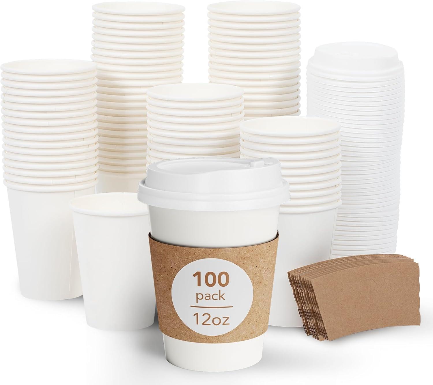 FAST APPLIANCES LLC Paper Cups,Cups,Disposable Cups 100 Pack 12 Oz Leak-Proof Coffee Cups With Lids And Sleeves Disposable Paper To Go Hot Coffee Cups For Home, Business, Office, Cafes And Parties