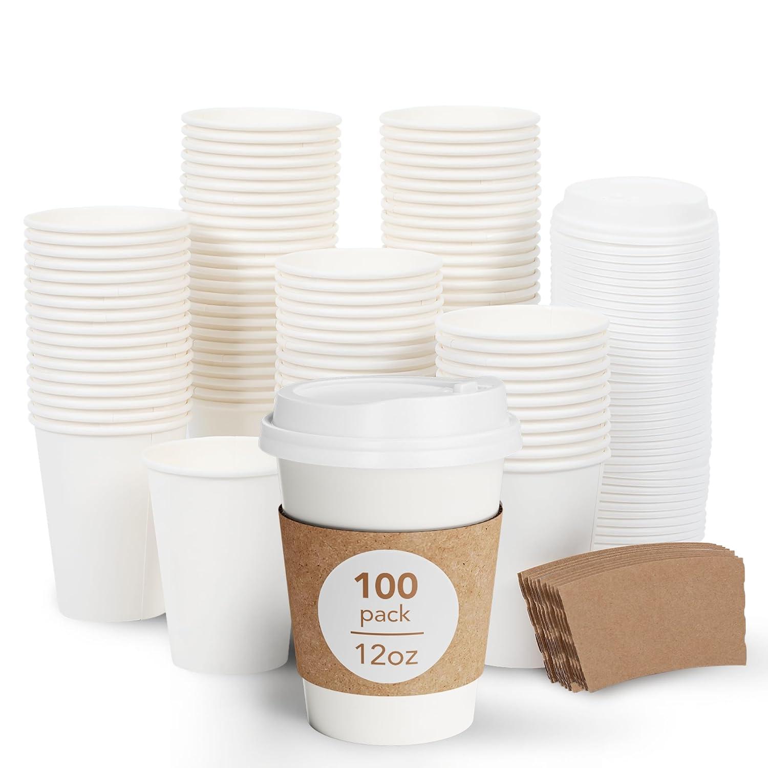 FAST APPLIANCES LLC Paper Cups,Cups,Disposable Cups 100 Pack 12 Oz Leak-Proof Coffee Cups With Lids And Sleeves Disposable Paper To Go Hot Coffee Cups For Home, Business, Office, Cafes And Parties
