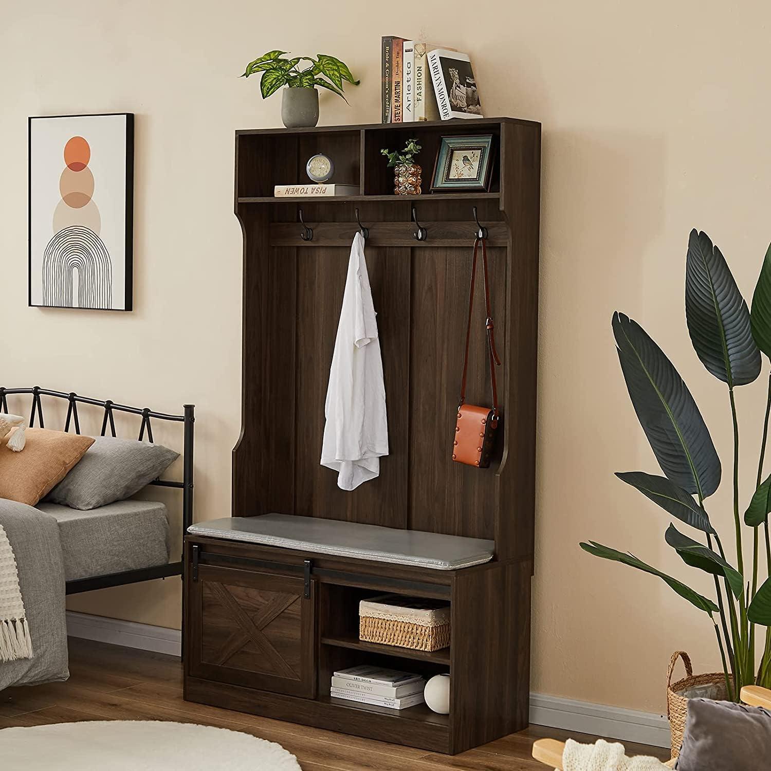 Betoko Hall Trees with Bench and Coat Racks, Farmhouse 71 Inch Entryway Bench with Sliding Barn Door, Wood Coat Tree Mudroom Storage Benches with Drawers (Walnut)