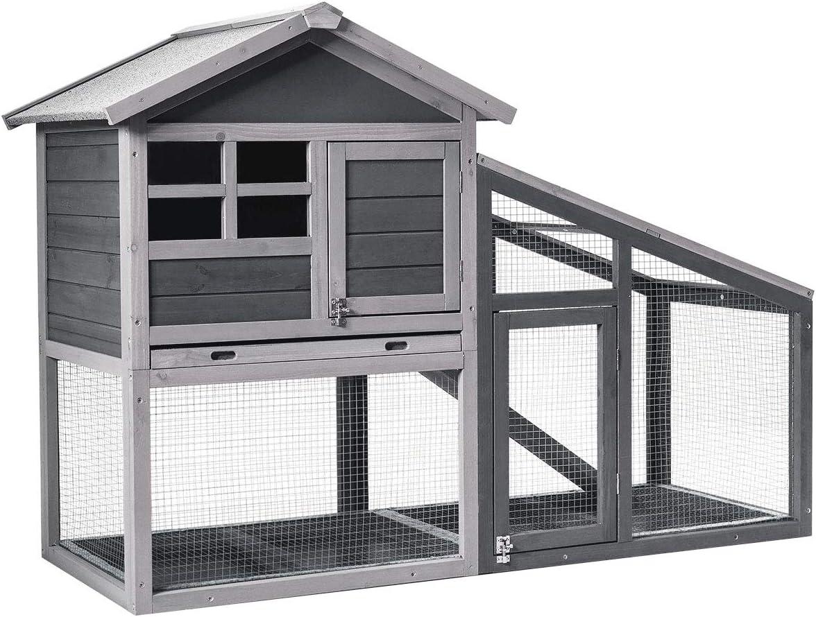 Tangkula Rabbit Hutch Indoor Outdoor Wooden Chicken Coop Bunny Hutch with Run Ventilation Door Removable Tray Ramp Sunlight Panel