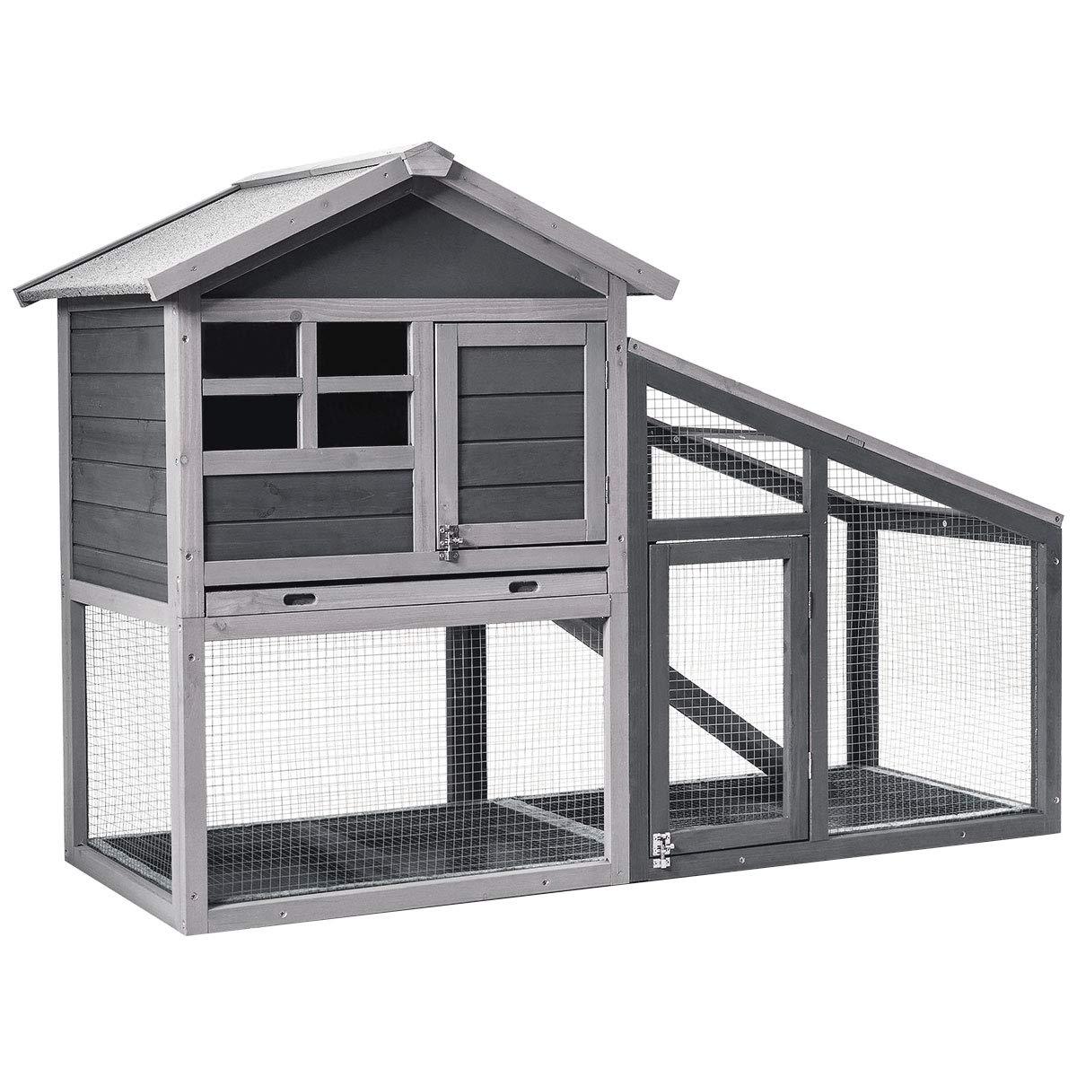 Tangkula Rabbit Hutch Indoor Outdoor Wooden Chicken Coop Bunny Hutch with Run Ventilation Door Removable Tray Ramp Sunlight Panel
