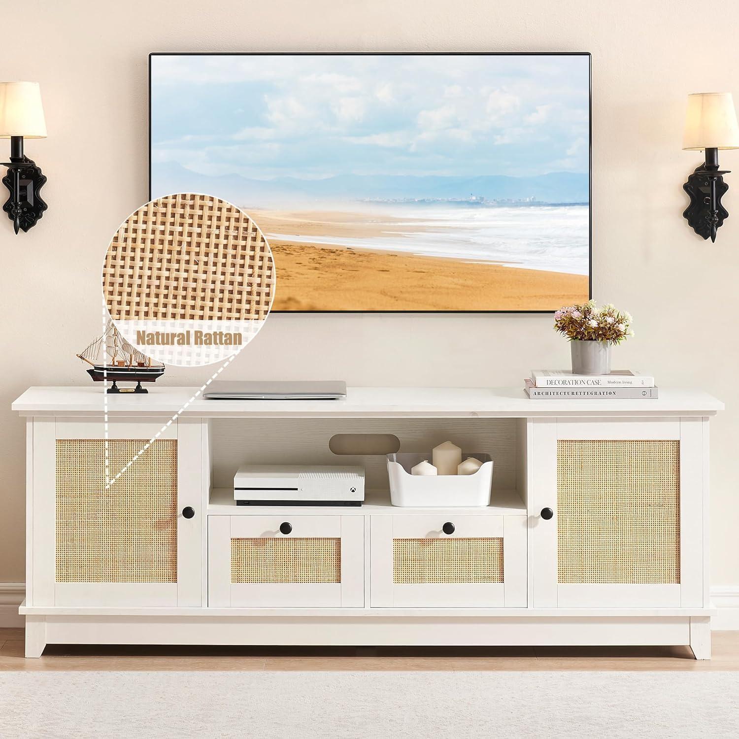 White Rattan TV Stand with Cabinets and Adjustable Shelves