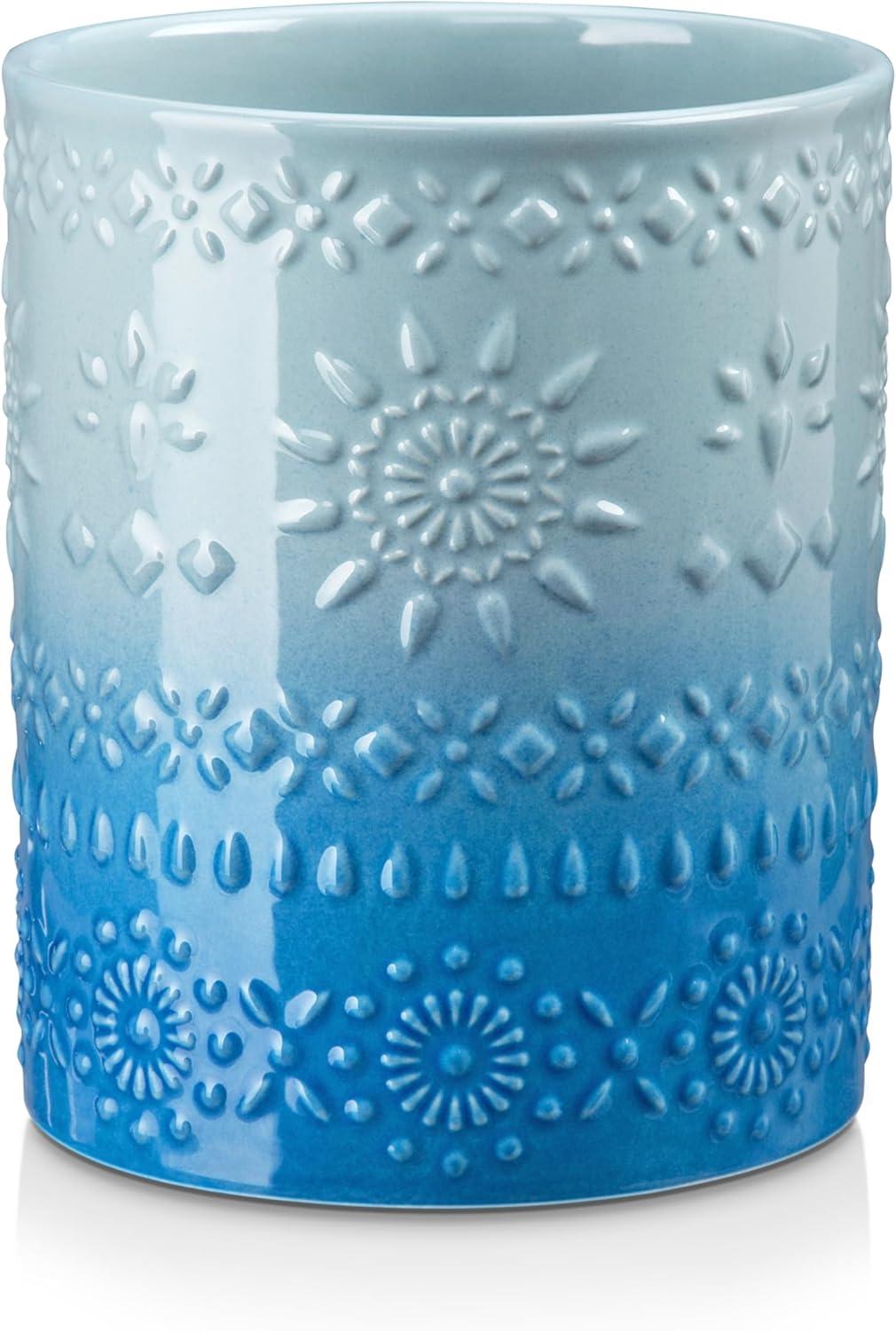 Large Light Blue Ceramic Embossed Utensil Holder Crock