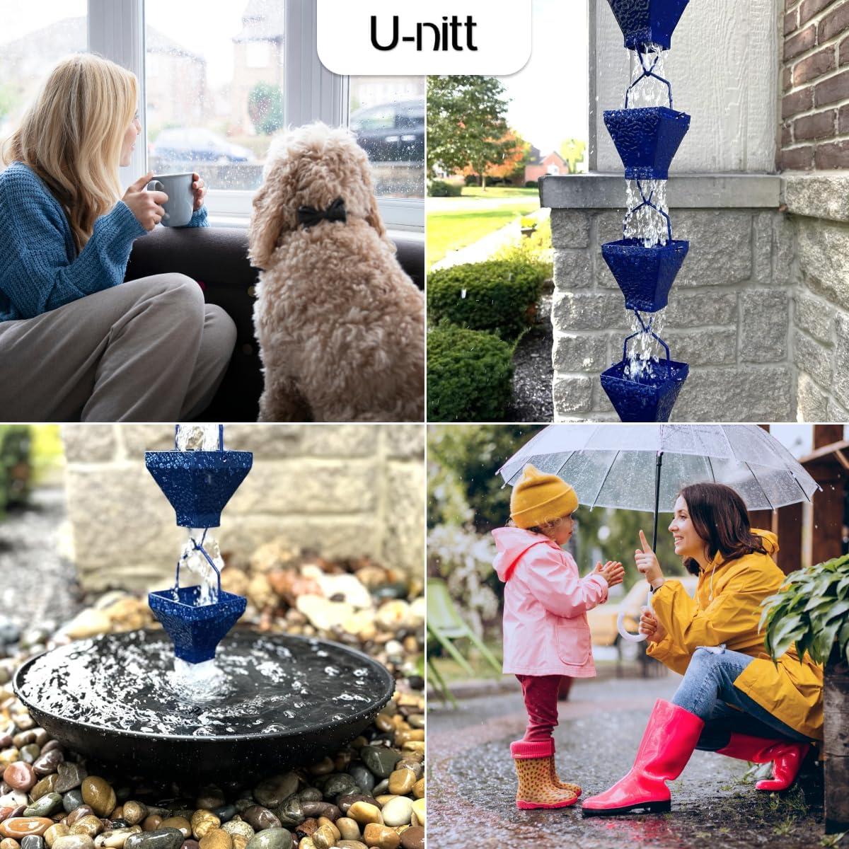 U-nitt Rain Chains, Roof Gutter Downspout Channel, Rainwater Catcher/Diverter, 8.5 FT, Metal, Blue Powder Coated, Texture Square, Modern, 5517BLU