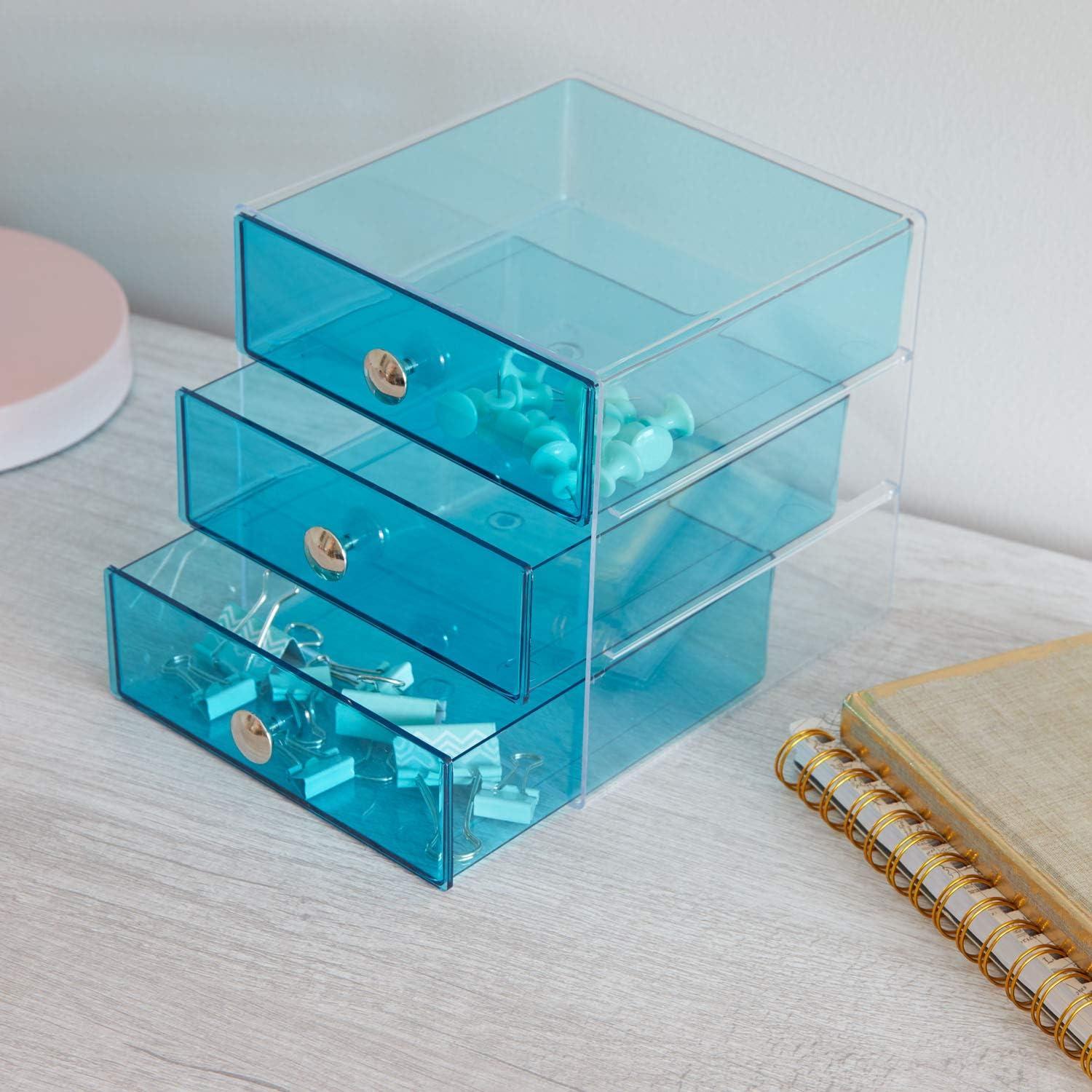 iDESIGN Plastic Original 3-Drawer Desk Organization Set Teal Blue: Desk Organizer Drawers, Stationery Holder, 6.5" Dimensions