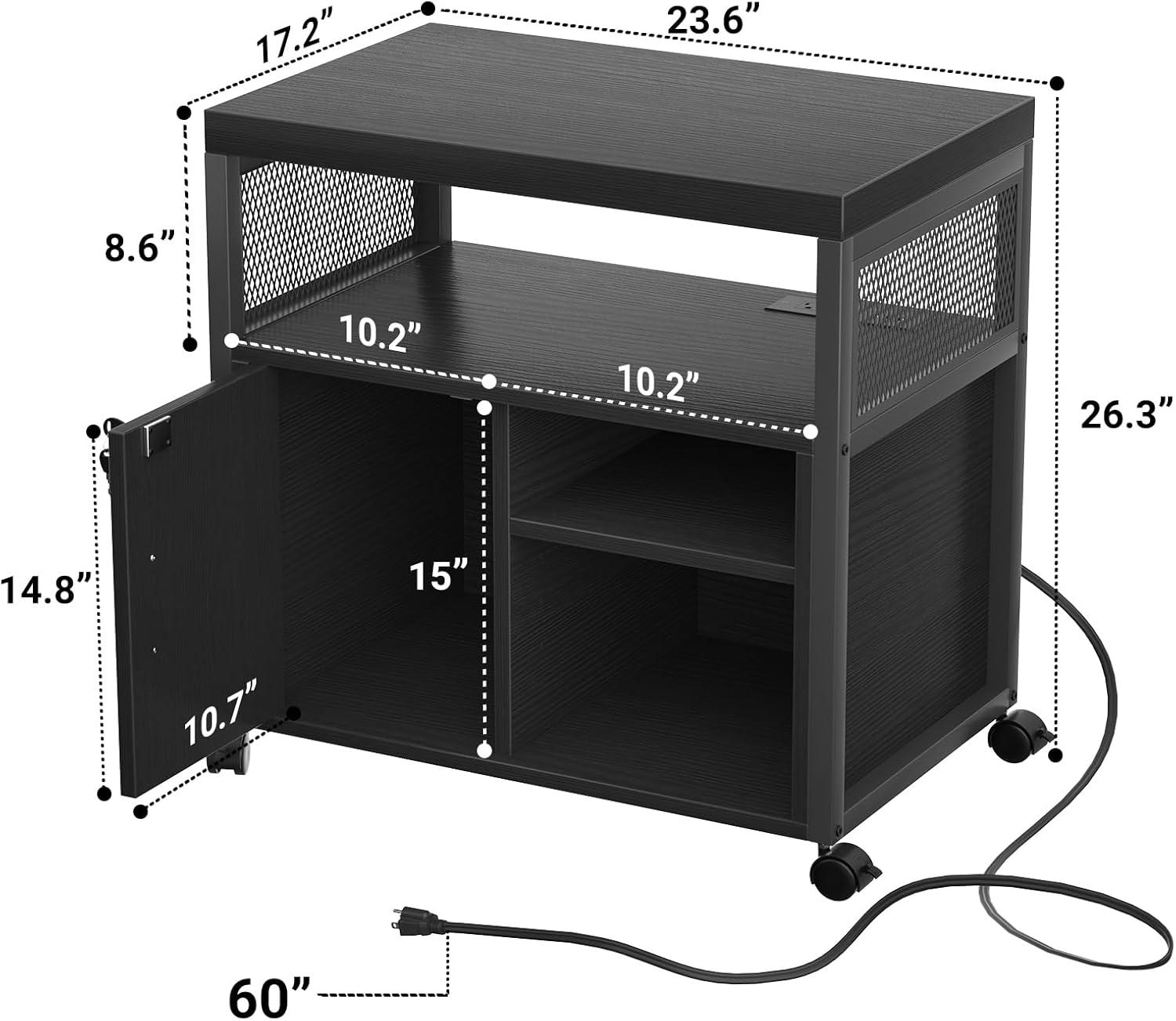 Unikito Rolling File Cabinet Lateral Office Filing Cabinets with Socket and USB Charging Port, Modern Printer Stand on Wheels, Printer Cabinet with Door and Open Storage, Lockable, White