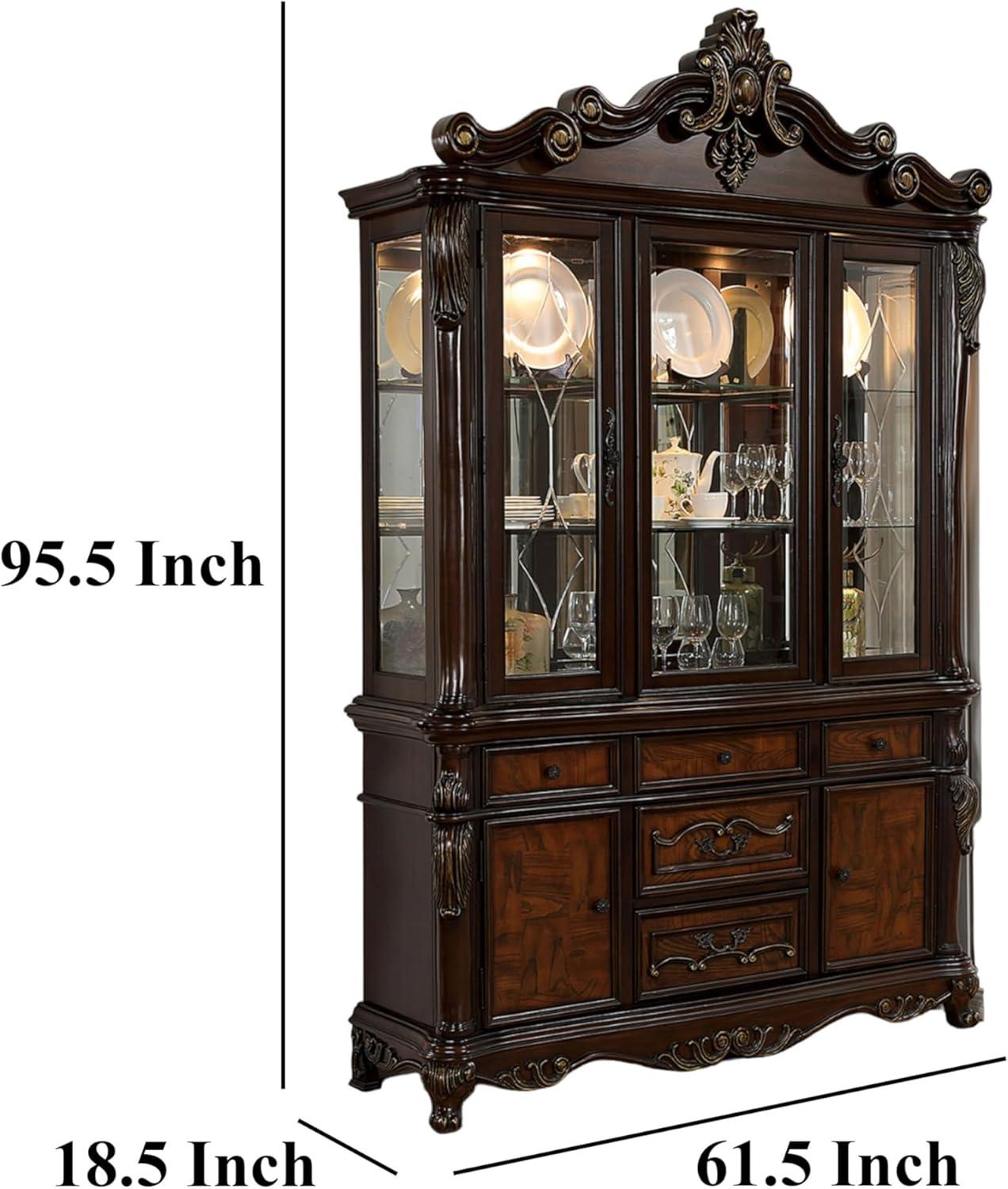 Benjara Zenie Buffet Cabinet and Hutch, Classic Carved, Cherry Brown Solid Wood