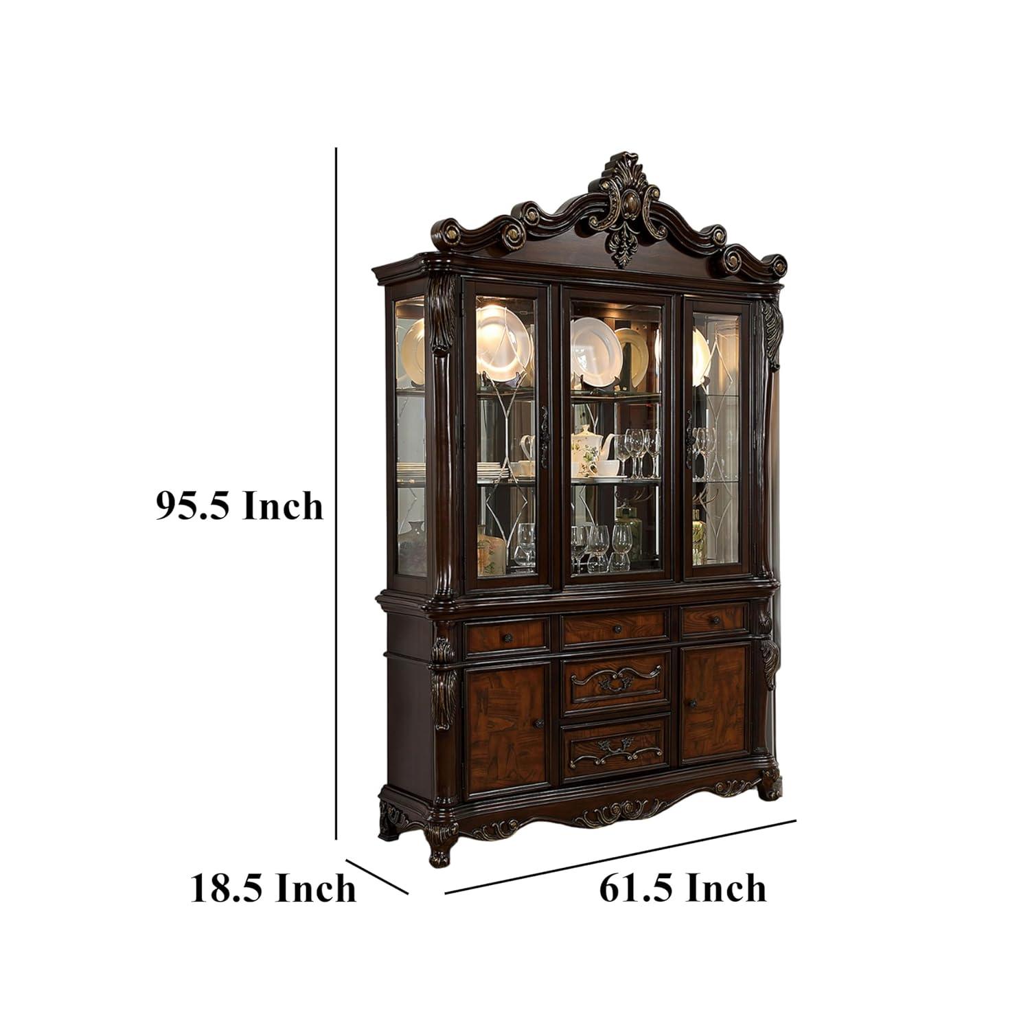 Benjara Zenie Buffet Cabinet and Hutch, Classic Carved, Cherry Brown Solid Wood