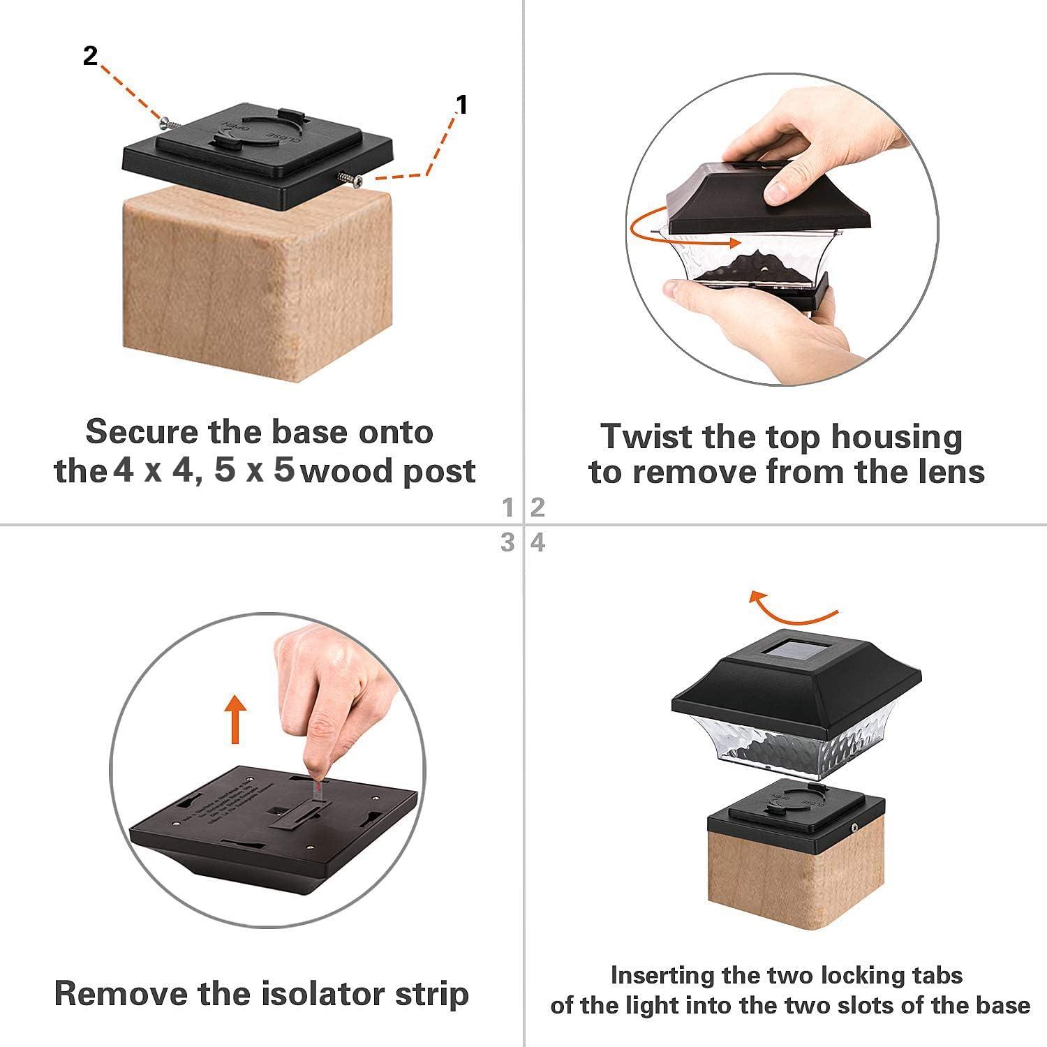 Black Solar LED Post Cap Lights for 4x4 and 5x5 Posts, 4-Pack