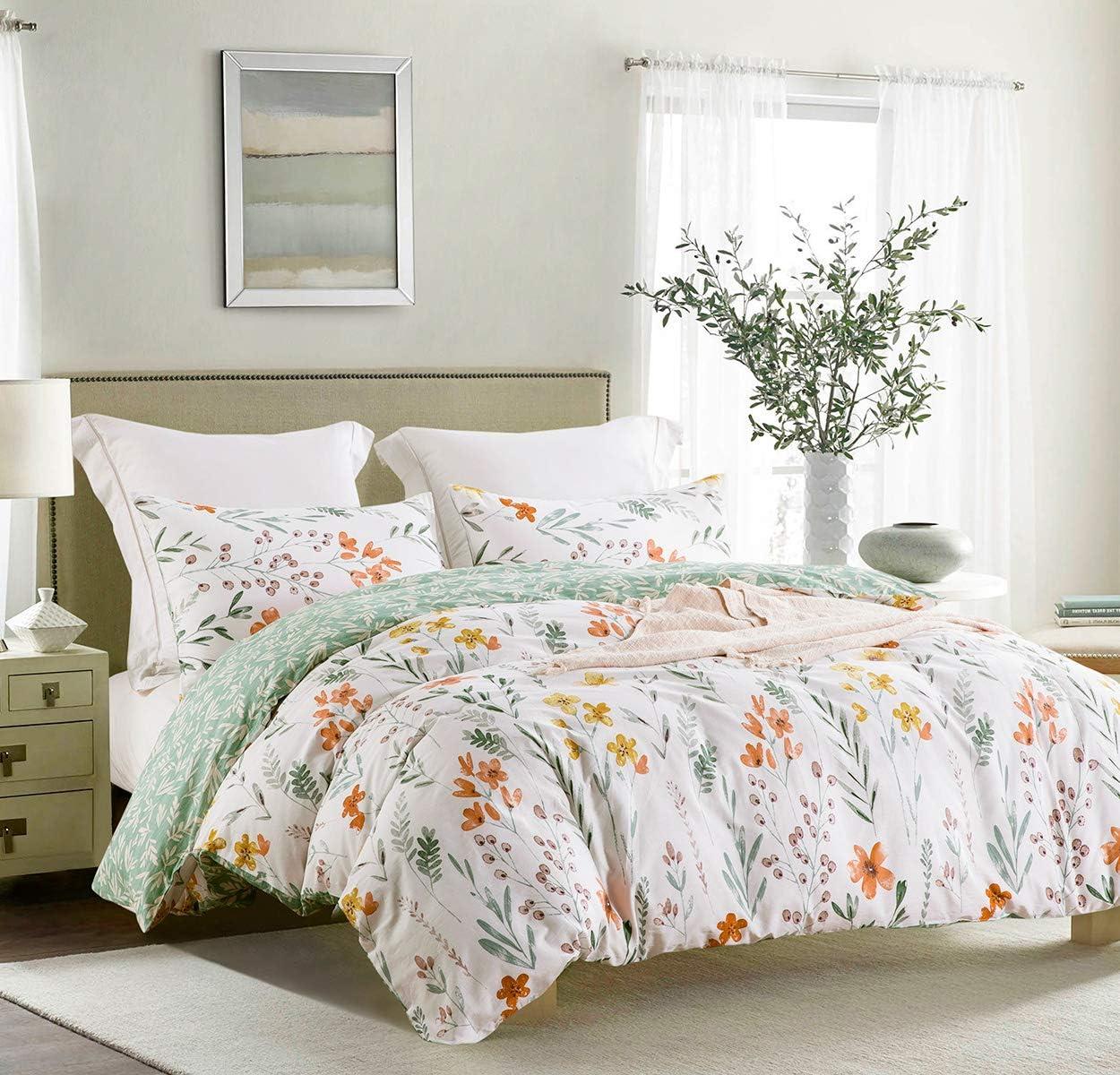 Twin Floral Cotton Duvet Cover Set with Pillow Sham