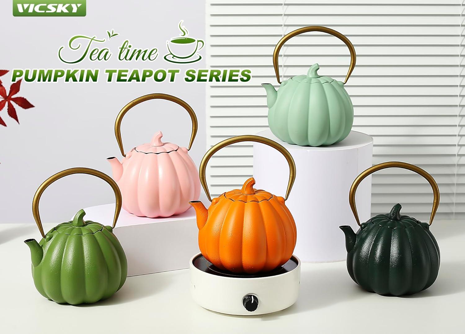 Ophelia & Co. Orange Pumpkin Cast Iron Teapot, Natural Pumpkin Color, Japanese Cast Iron Tea Kettle Stovetop Safe With Infuser, Creative Pumpkin Halloween Teapot(40Oz/1200Ml, Orange)