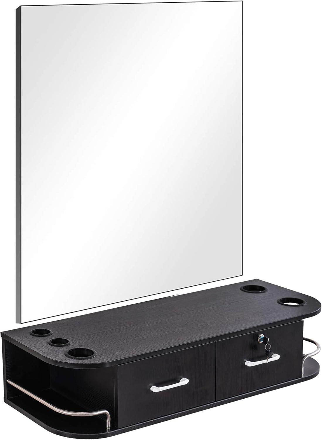 BarberPub Beauty Locking Wall Mount Styling Station with Mirror Barber Salon Furniture 5012-Mirror