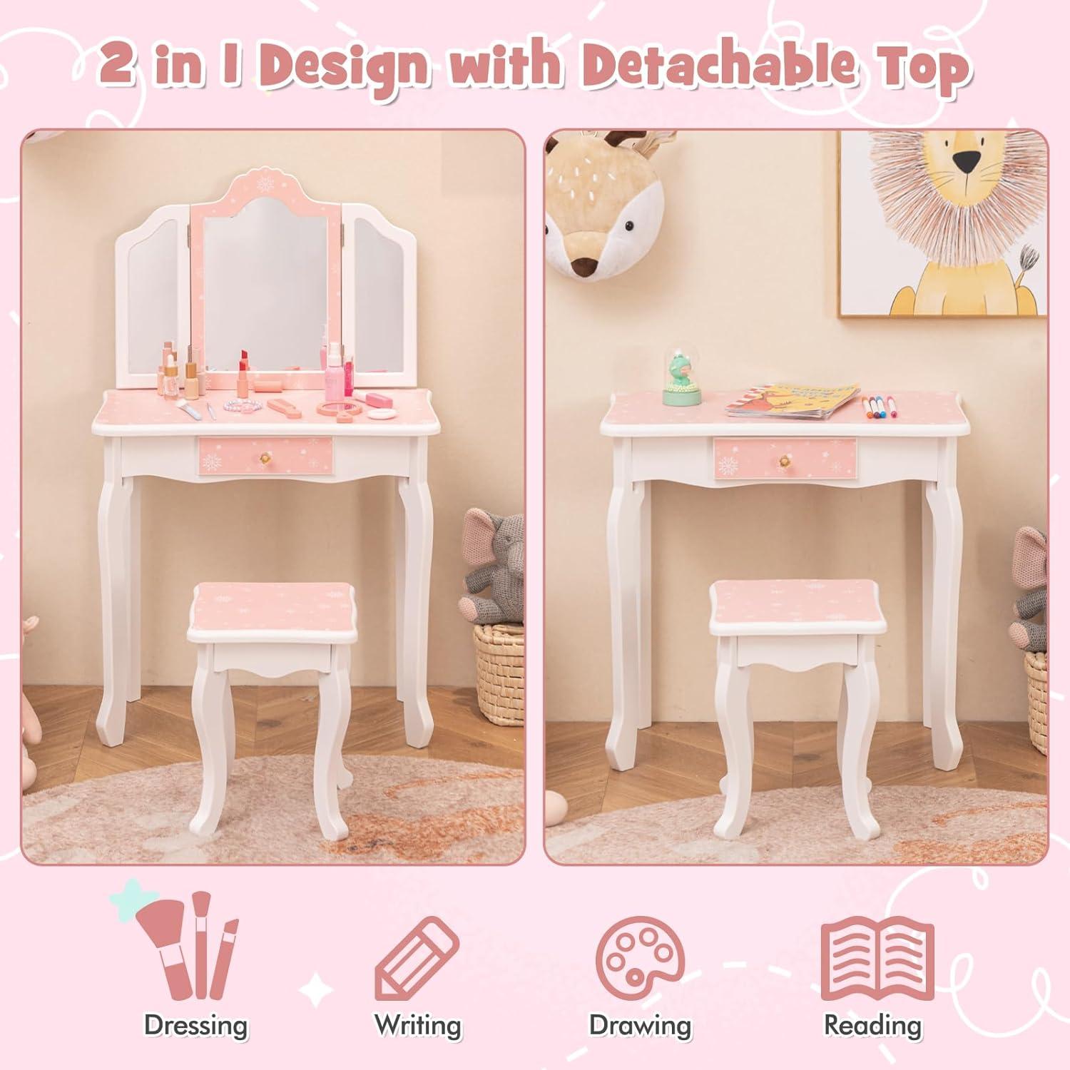 GVN Vanity Set,Toddler Vanity Set, Princess Pretend Play Makeup Table and Stool Set with Tri-folding Mirror-Pink