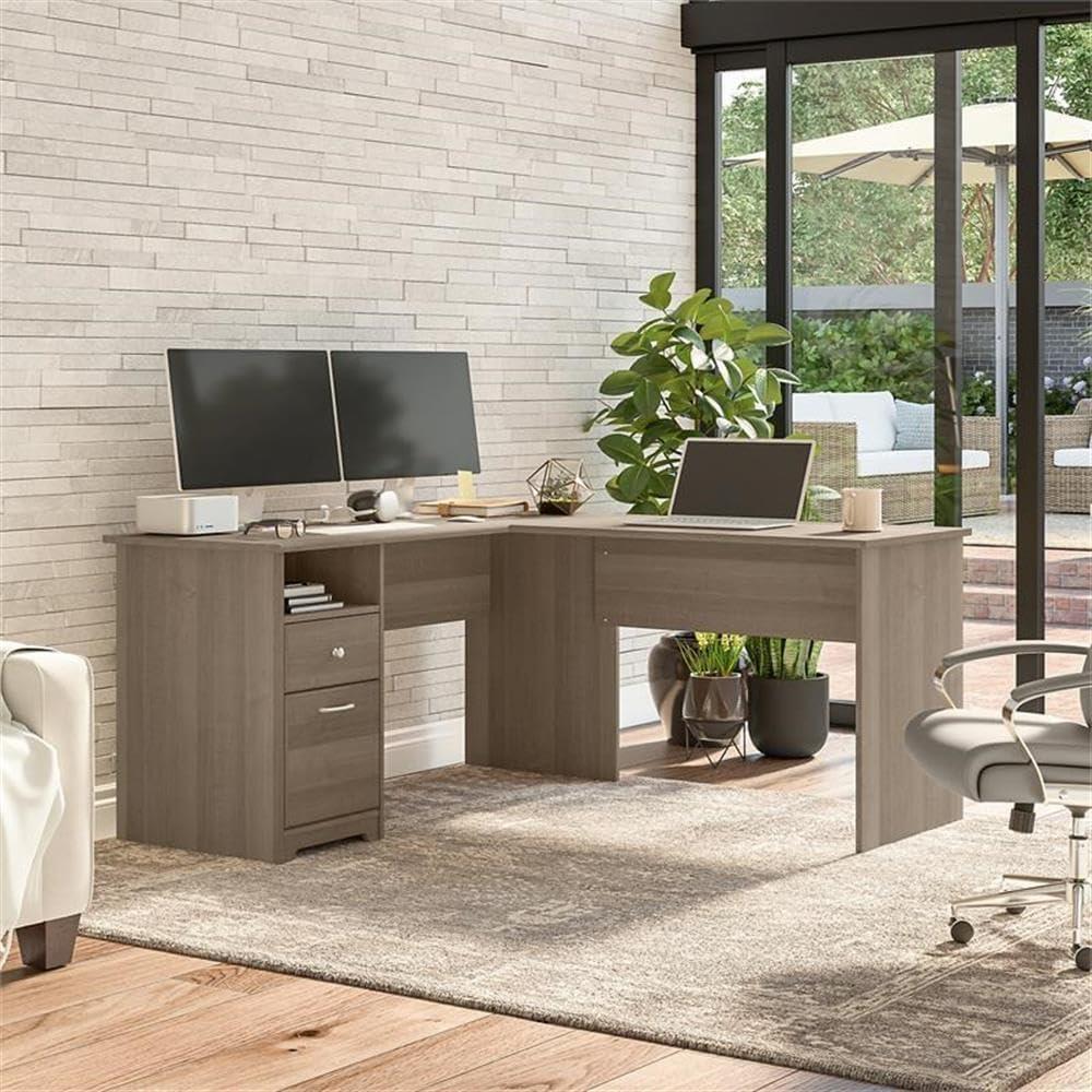 Espresso Oak L-Shaped Home Office Desk with Drawer and Filing Cabinet