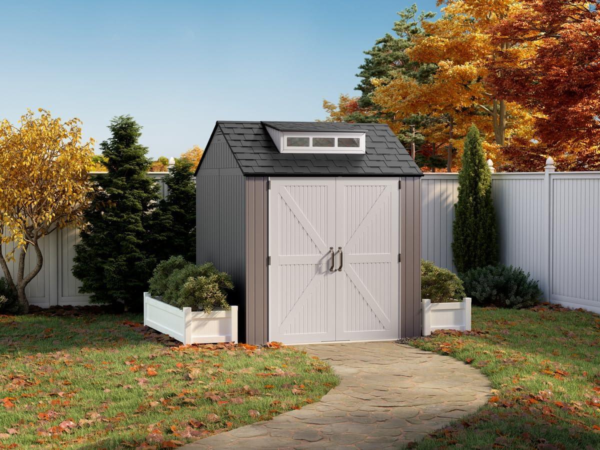 Brown Resin Medium Outdoor Storage Shed with Windows, 7 x 7 ft